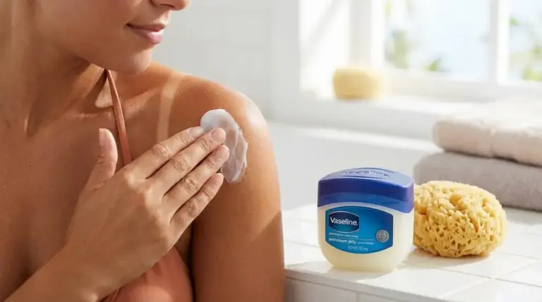 Persona applica vaselina sulla spalla abbronzata in bagno, con vaselina e spugna appoggiate sul bordo