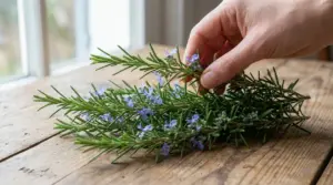 Mano che raccoglie rametti di rosmarino con piccoli fiori viola su un tavolo di legno vicino a una finestra