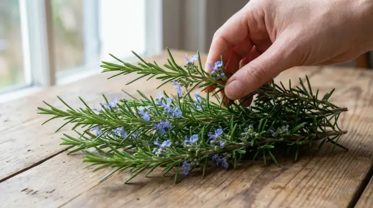 Mano che raccoglie rametti di rosmarino con piccoli fiori viola su un tavolo di legno vicino a una finestra