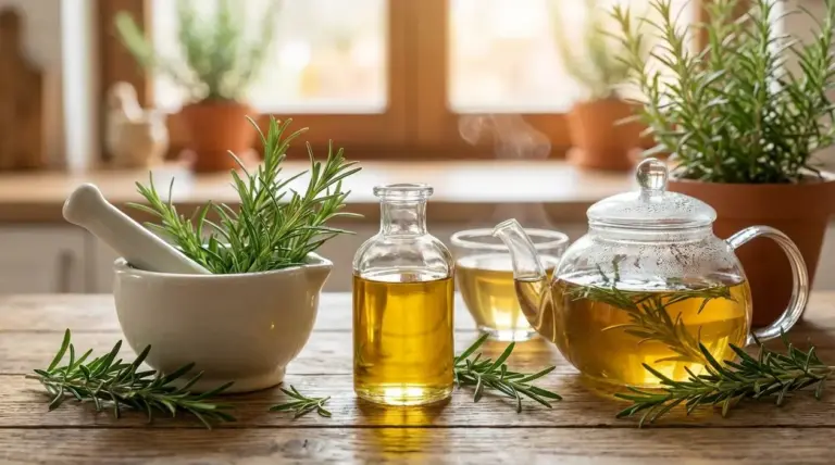 Tisana al rosmarino in teiera di vetro con rametti freschi e boccetta di olio su tavolo di legno