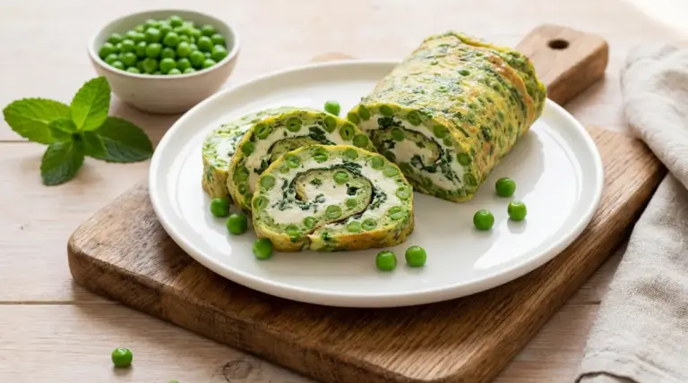 Rotolo di piselli a fette con ripieno cremoso, servito su piatto bianco con piselli freschi