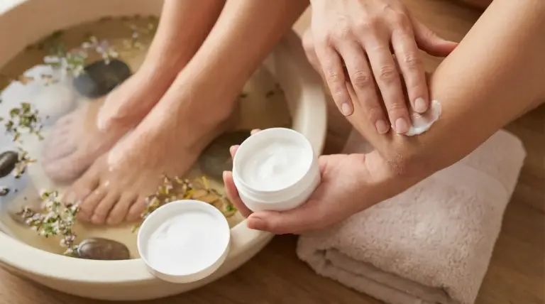 Persona applica una crema idratante sul gomito mentre tiene un barattolo, con piedi in ammollo in una bacinella