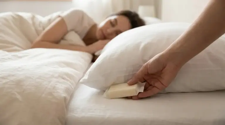 Una mano mette una saponetta sotto il cuscino mentre una persona dorme su un letto