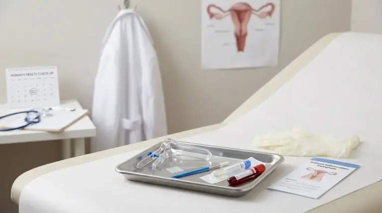 Lettino ginecologico con strumenti per visita e screening del collo dell’utero in uno studio medico