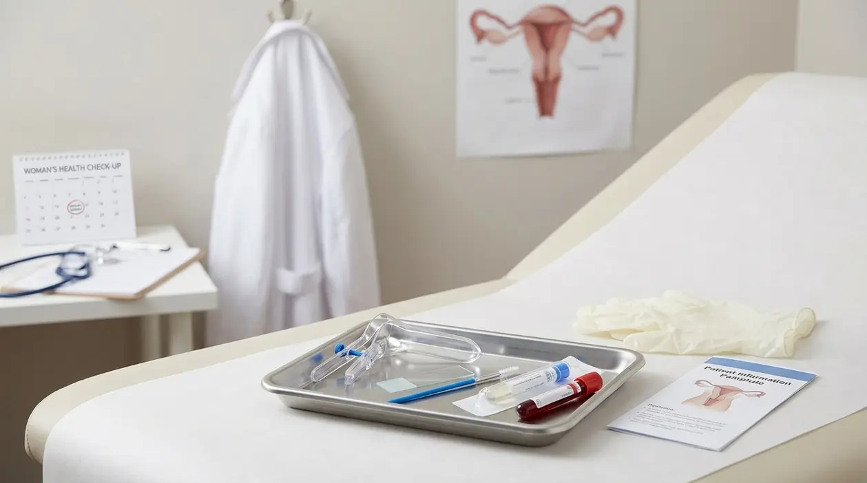 Lettino ginecologico con strumenti per visita e screening del collo dell’utero in uno studio medico