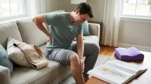 Persona seduta sul divano con dolore alla zona lombare e alla gamba, possibile sintomo di sciatica