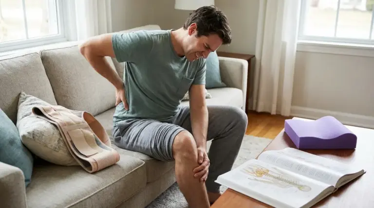 Persona seduta sul divano con dolore alla zona lombare e alla gamba, possibile sintomo di sciatica