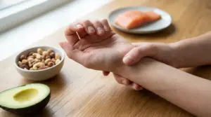 Persona che si tiene il polso accanto a avocado, frutta secca e salmone su un tavolo