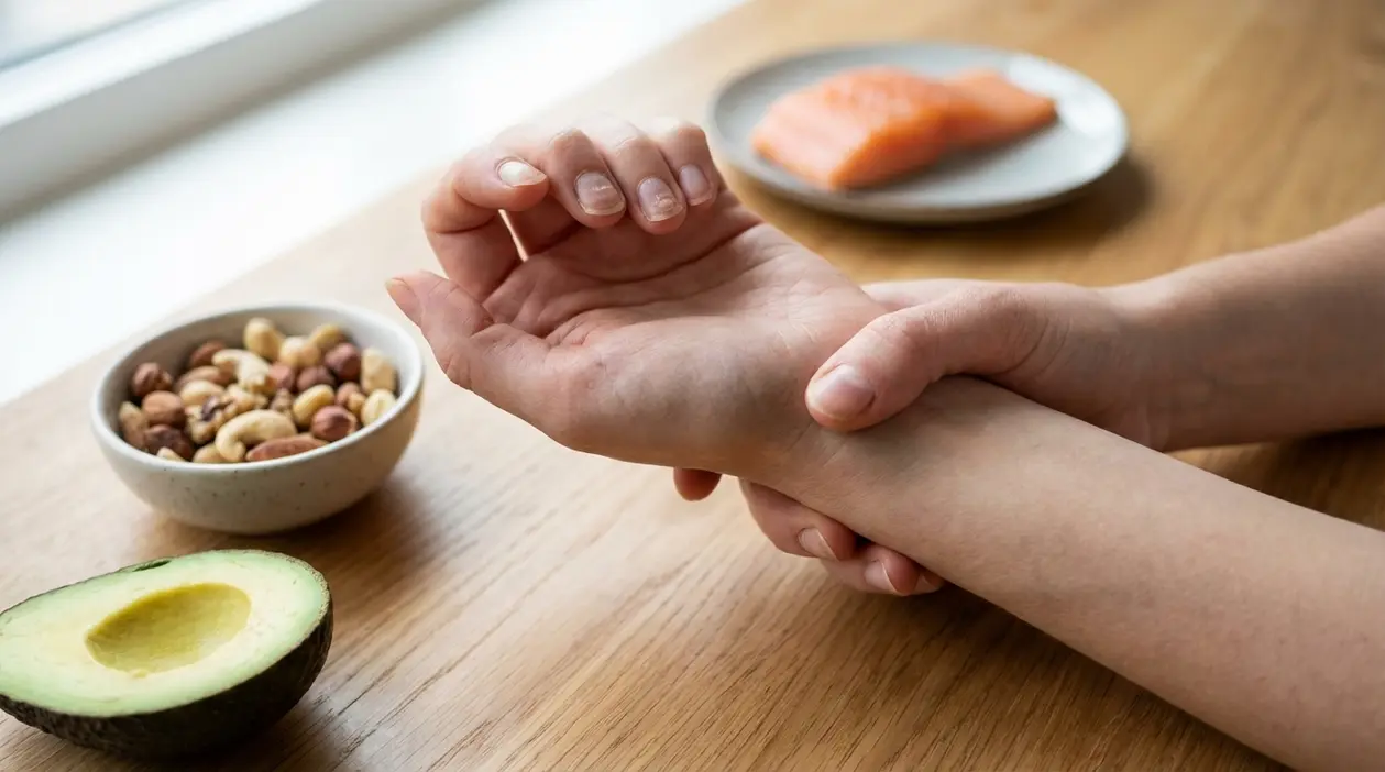 Persona che si tiene il polso accanto a avocado, frutta secca e salmone su un tavolo