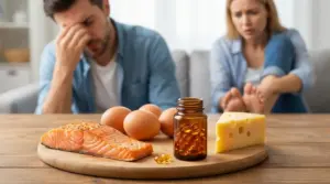 Persona stanca sul divano con salmone, uova, formaggio e integratore, alimenti ricchi di vitamina B12