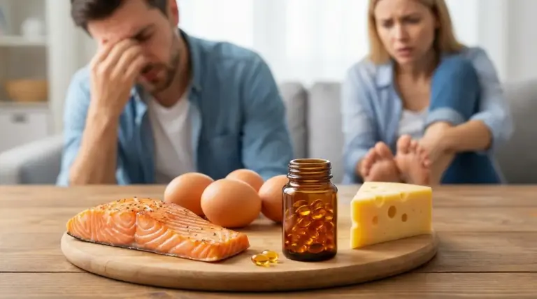 Persona stanca sul divano con salmone, uova, formaggio e integratore, alimenti ricchi di vitamina B12