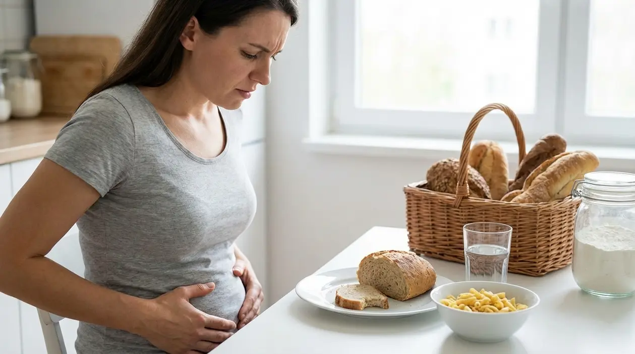 Donna con mal di pancia seduta a tavola accanto a pane, pasta e farina, possibile segnale di intolleranza al glutine
