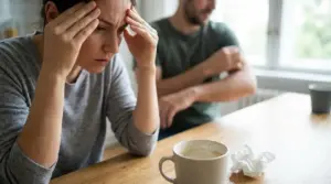 Donna seduta al tavolo con le mani sulla testa, segno di stress e malessere, con un'altra persona sullo sfondo