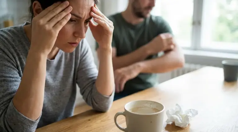 Donna seduta al tavolo con le mani sulla testa, segno di stress e malessere, con un'altra persona sullo sfondo