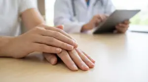 Primo piano delle mani di una persona durante una visita medica, con le unghie in evidenza