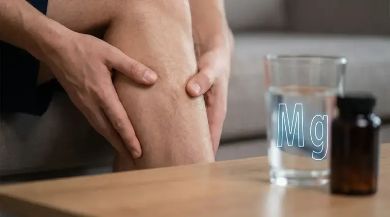 Persona che tiene il polpaccio dolorante accanto a un bicchiere d’acqua e un flacone di integratore di magnesio