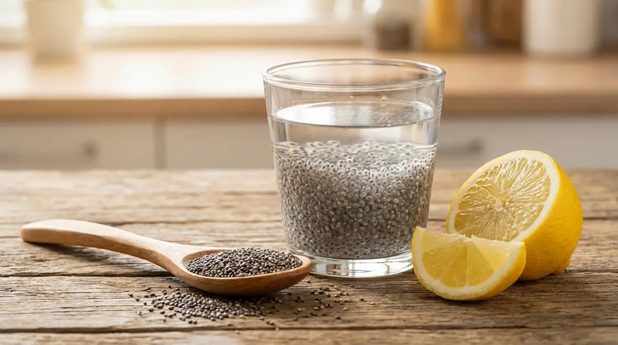Bicchiere con semi di chia in ammollo, cucchiaio di semi e limone su tavolo di legno
