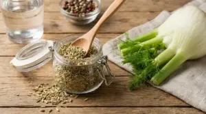 Barattolo di semi di finocchio con cucchiaio di legno accanto a un finocchio fresco su tavolo rustico