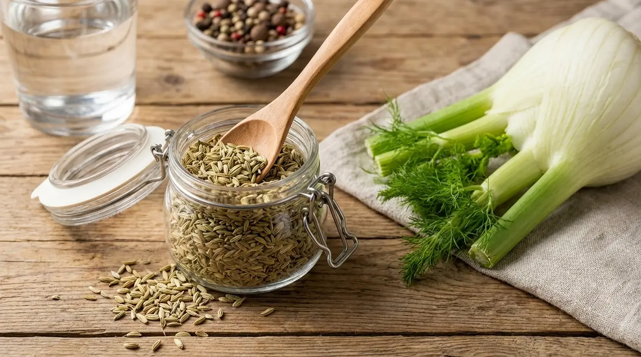 Barattolo di semi di finocchio con cucchiaio di legno accanto a un finocchio fresco su tavolo rustico