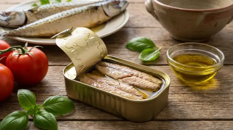 Scatoletta di sgombro aperta in olio su tavolo rustico con pomodori, basilico e ciotola di olio