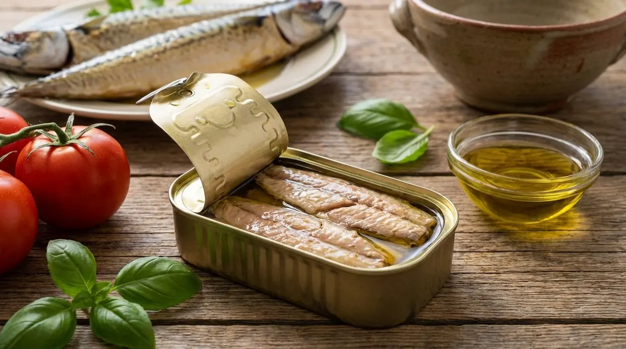 Scatoletta di sgombro aperta in olio su tavolo rustico con pomodori, basilico e ciotola di olio