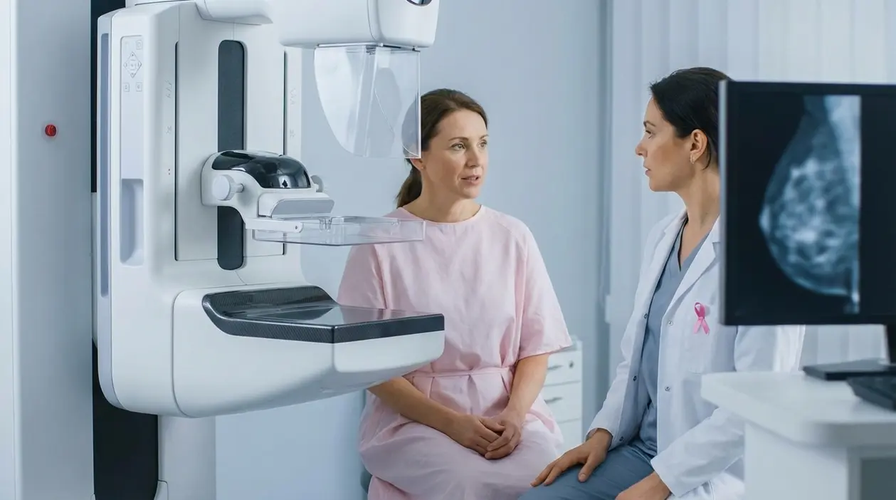 Donna con radiologa accanto a un mammografo durante un consulto su esame e sicurezza della mammografia