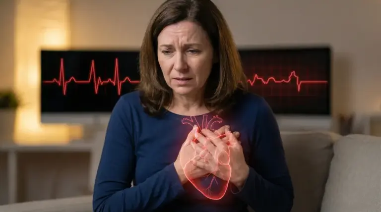 Donna seduta sul divano con le mani sul petto, con grafico ECG sullo sfondo, a indicare dolore cardiaco da stress