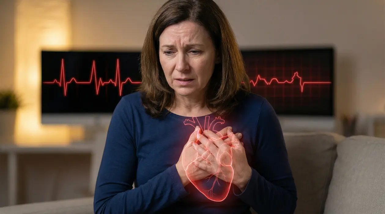 Donna seduta sul divano con le mani sul petto, con grafico ECG sullo sfondo, a indicare dolore cardiaco da stress