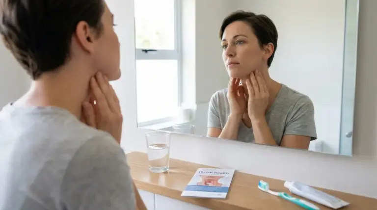 Una persona si controlla il collo allo specchio, in bagno, per individuare possibili sintomi alla gola