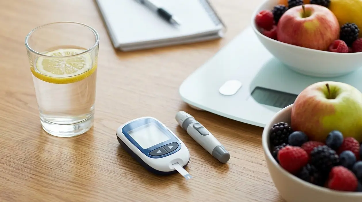 Glucometro con pungidito su un tavolo, accanto a frutta fresca e bilancia, per controllare la glicemia