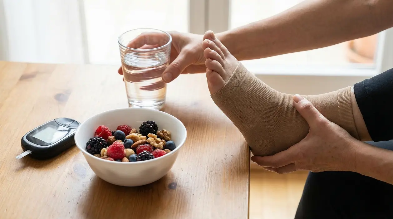 Persona che si tocca il piede con una calza compressiva, accanto a glucometro, frutta secca e bicchiere d’acqua