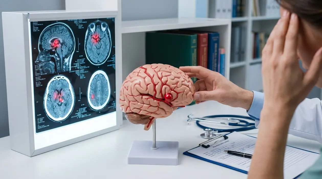 Medico indica un modello di cervello con evidenziata un’area a rischio, accanto a immagini di risonanza magnetica