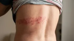 Eruzione cutanea a vescicole sul fianco, tipica dell’herpes zoster (fuoco di Sant’Antonio).