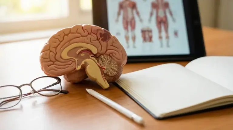 Modello anatomico del cervello su una scrivania con quaderno e tablet, per spiegare i sintomi dell’ictus