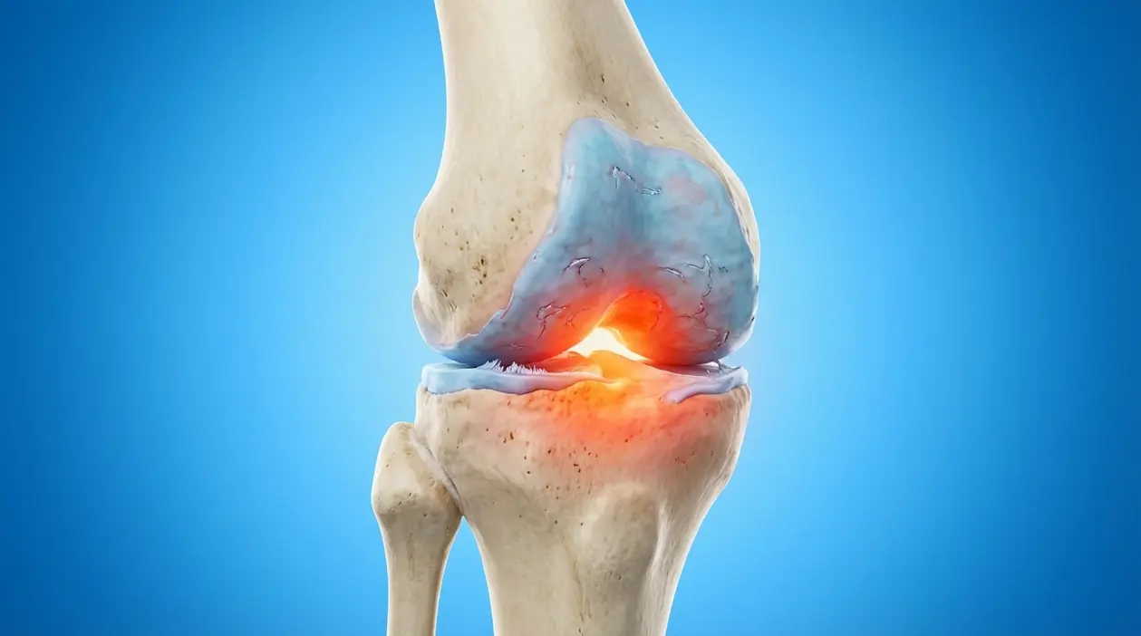 Illustrazione di un’articolazione del ginocchio con cartilagine consumata e area infiammata evidenziata in rosso