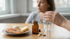 Persona con bicchiere d’acqua e integratore, accanto a salmone, uovo e formaggio su un tavolo