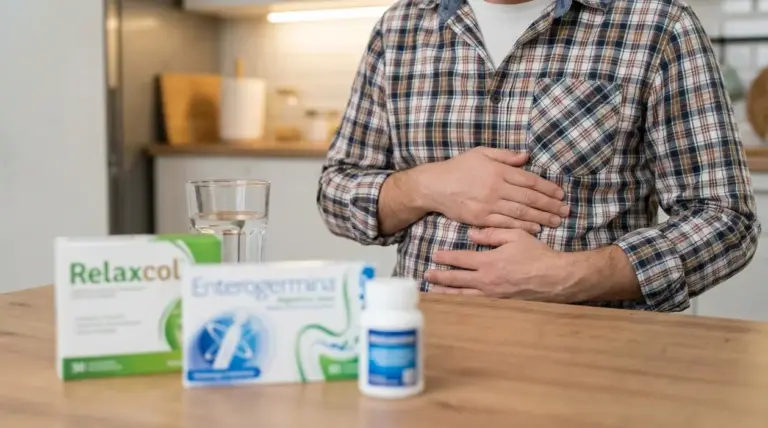 Persona con le mani sull’addome seduta a tavola, con acqua e farmaci per disturbi digestivi in primo piano