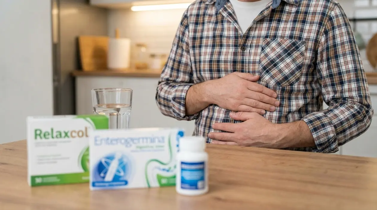 Persona con le mani sull’addome seduta a tavola, con acqua e farmaci per disturbi digestivi in primo piano