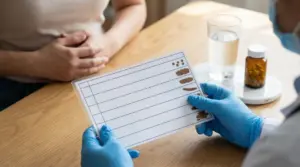 Medico con guanti mostra una scala delle feci a una persona con dolore addominale, con bicchiere d’acqua e farmaci sul tavolo