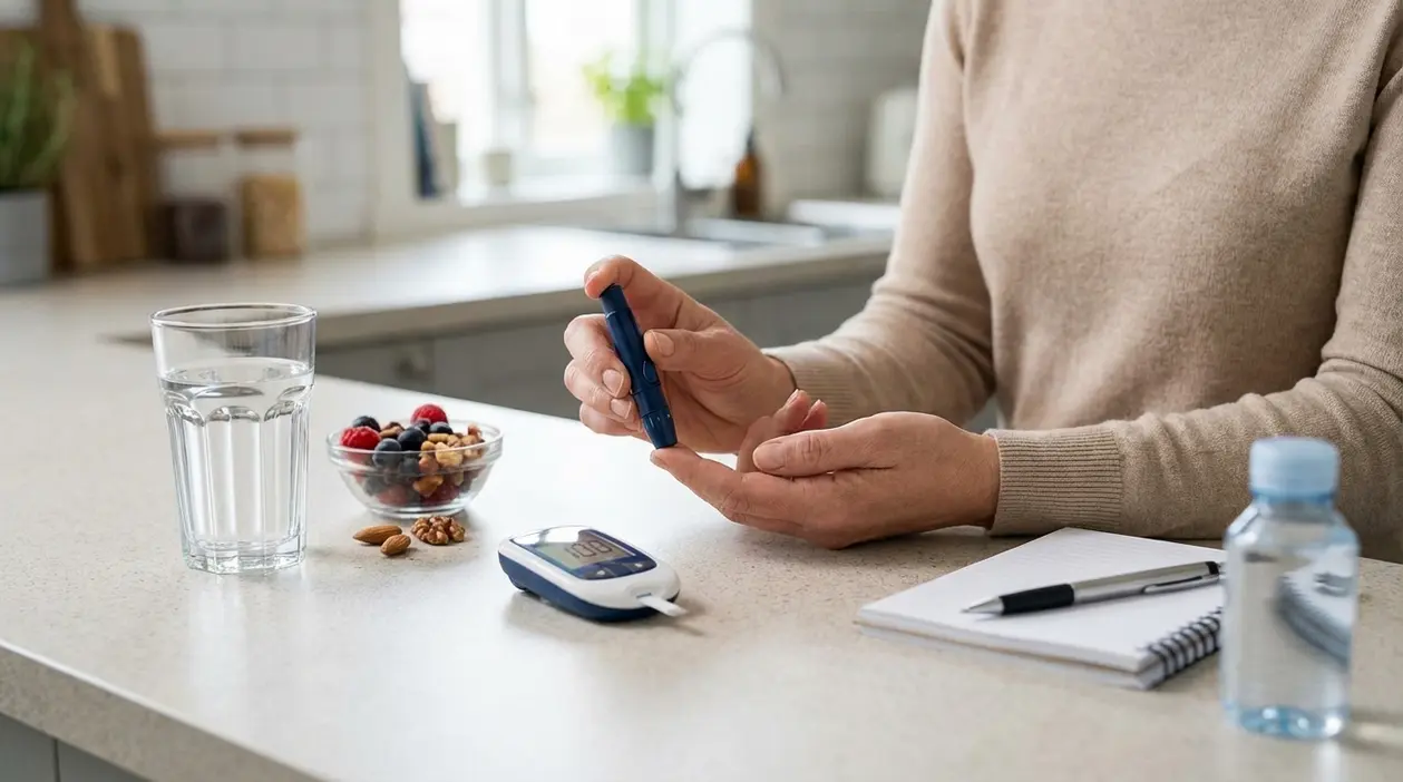Persona che controlla la glicemia con un pungidito in cucina, accanto a glucometro, acqua e spuntino sano