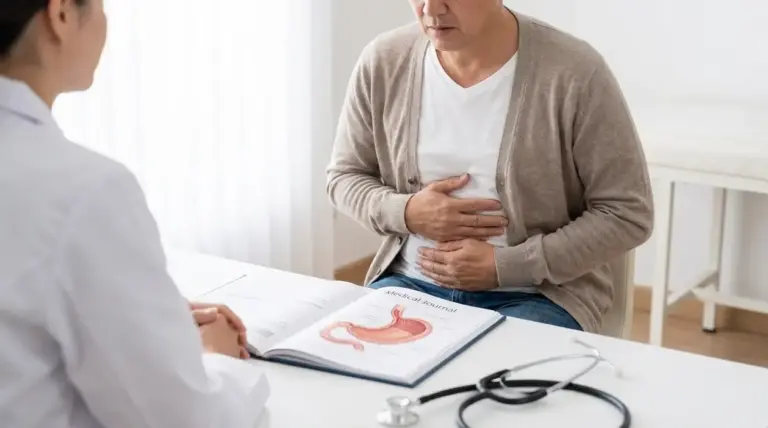 Paziente con dolore allo stomaco durante una visita medica con illustrazione dell’apparato gastrico sul tavolo