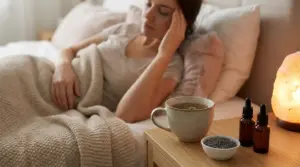 Donna a letto con mal di testa vicino a tisana, lavanda ed essenze su comodino, luce soffusa serale
