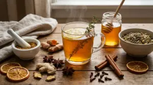 Tisana calda con limone e timo, con miele e spezie come cannella, chiodi di garofano, zenzero e curcuma sul tavolo