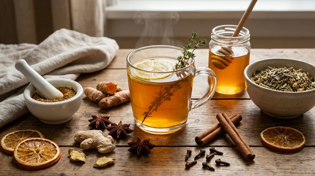 Tisana calda con limone e timo, con miele e spezie come cannella, chiodi di garofano, zenzero e curcuma sul tavolo