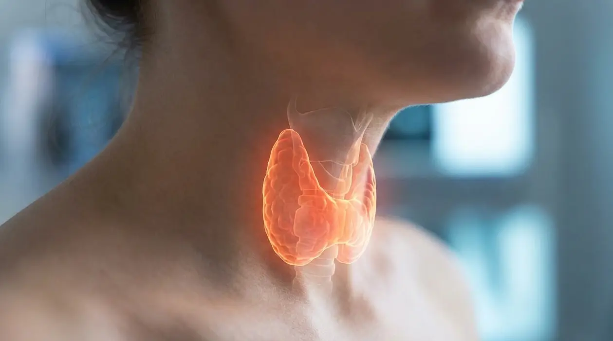 Collo di una persona con illustrazione della tiroide evidenziata, simbolo di squilibrio delle ghiandole tiroidee