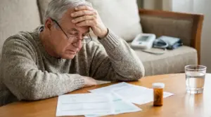 Uomo anziano seduto al tavolo con mano sulla fronte, documenti, farmaci e bicchiere d'acqua