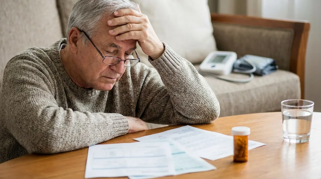 Uomo anziano seduto al tavolo con mano sulla fronte, documenti, farmaci e bicchiere d'acqua