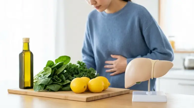 Donna con fastidio addominale accanto a verdure, limoni, olio d'oliva e modello di fegato