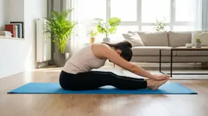 Persona che esegue stretching da seduta su un tappetino in salotto luminoso