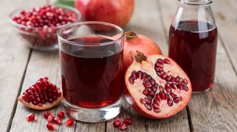 Bicchiere di succo di melograno con frutti freschi e chicchi su un tavolo di legno